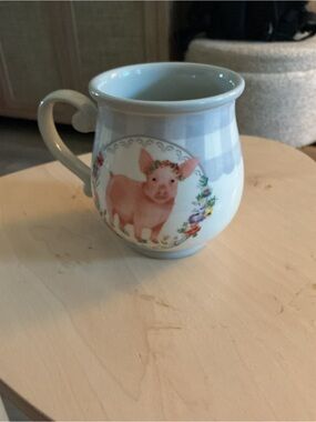 Gray Gingham and White Pig Ceramic Mug - Floral Accents